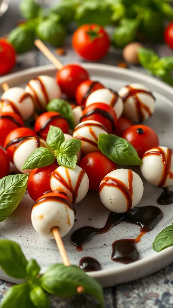 Mini Caprese skewers with mozzarella, cherry tomatoes, and basil drizzled with balsamic glaze