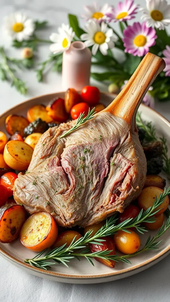 A beautifully cooked herb-crusted rack of lamb served with roasted vegetables and garnished with fresh herbs.