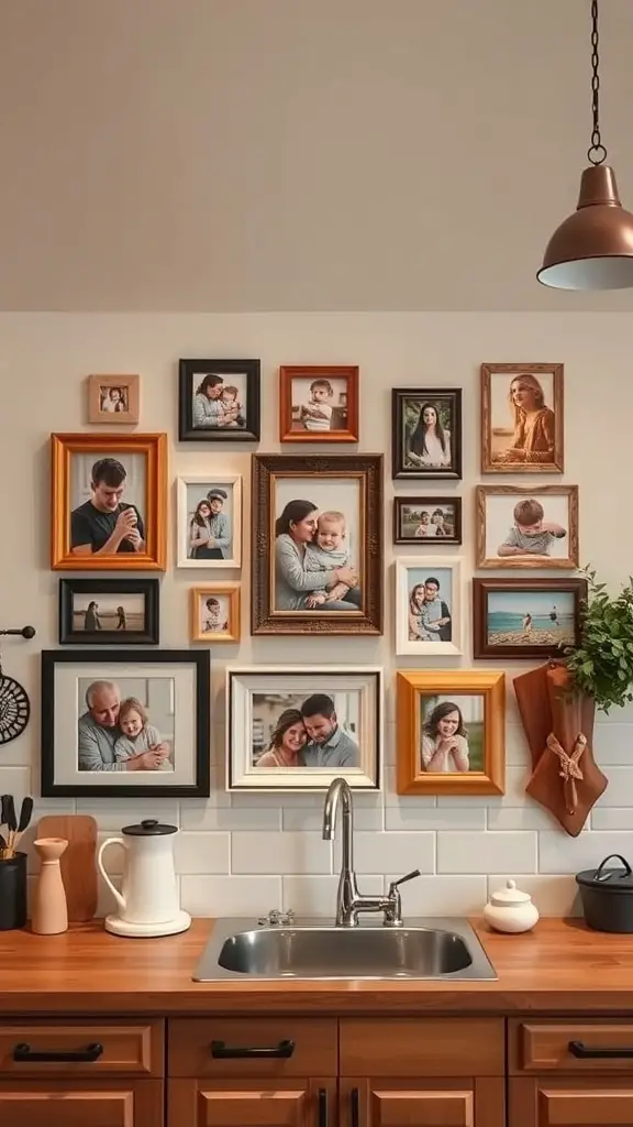 A wall in a kitchen displaying a gallery of family photos in various frames.