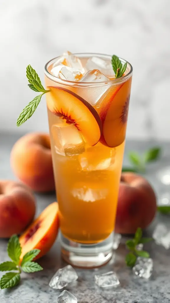 A refreshing Peach Iced Tea Spritzer with peach slices and mint leaves, served in a tall glass with ice.