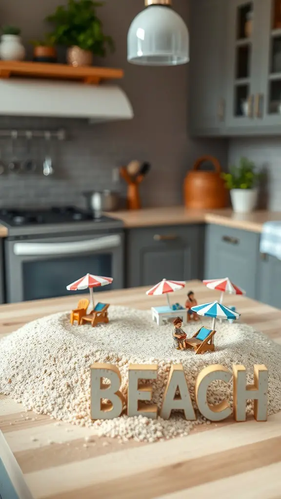 A miniature beach scene with sand, beach chairs, umbrellas, and a sign that says 'BEACH'.