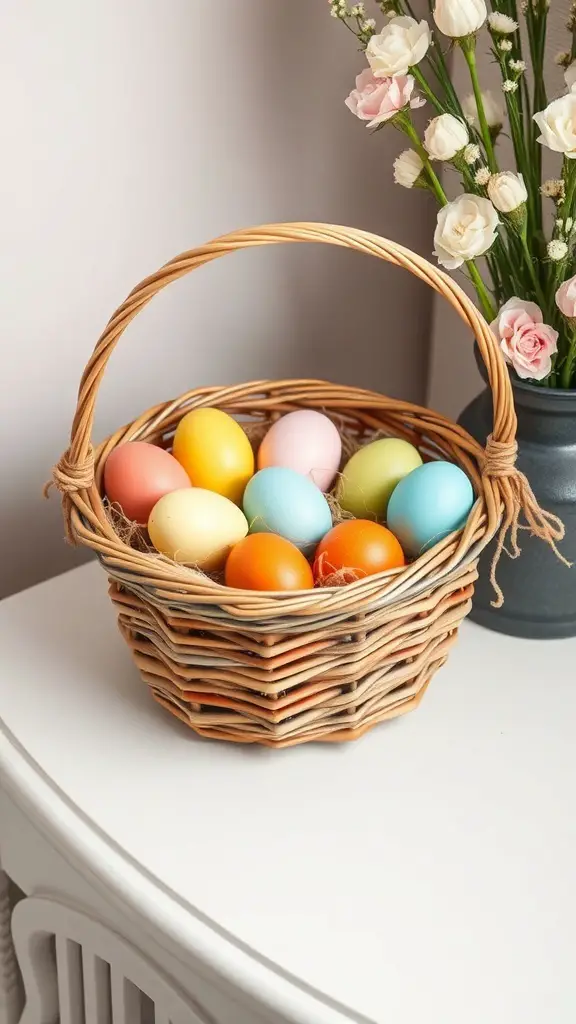 A wicker basket filled with colorful Easter eggs, placed on a table next to a vase of flowers.