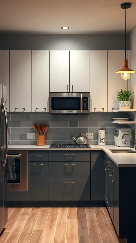 A modern kitchen featuring smart appliances and stylish design.