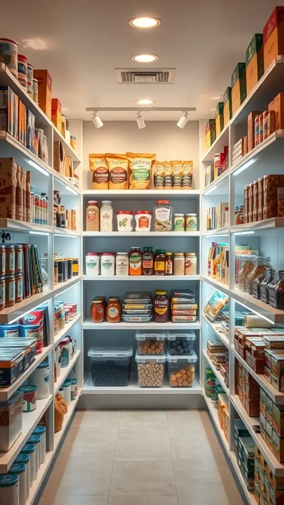 29+ Stylish Pantry Design Ideas to Elevate Your Storage Space 13 A well-lit pantry with organized shelves displaying various food items.