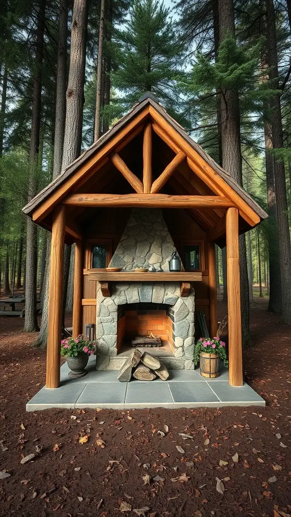 27+ Inspiring Tiny Shed House Ideas 5 A rustic cabin shed with a stone fireplace, surrounded by trees