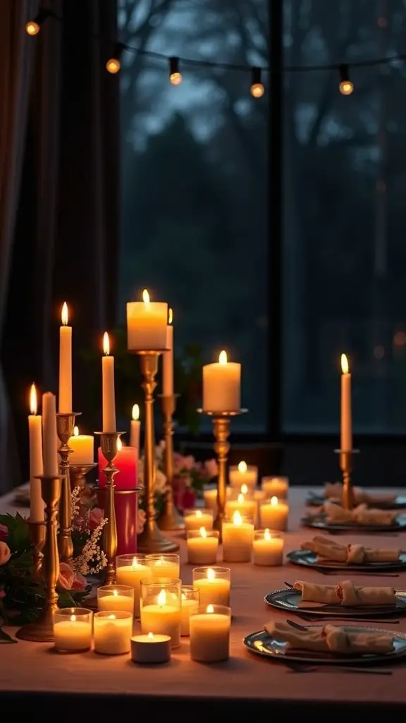 A romantic tablescape featuring various candles, flowers, and elegant tableware.