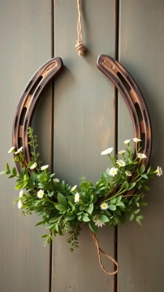 A rustic horseshoe wreath decorated with greenery and flowers, hanging on a wooden wall.