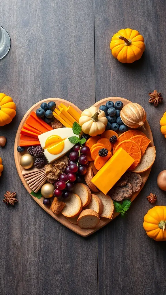 A heart-shaped charcuterie board featuring seasonal ingredients like cheese, fruits, vegetables, and small pumpkins.