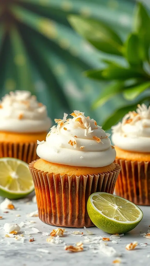 Coconut lime cupcakes with frosting and toasted coconut flakes, alongside lime halves.