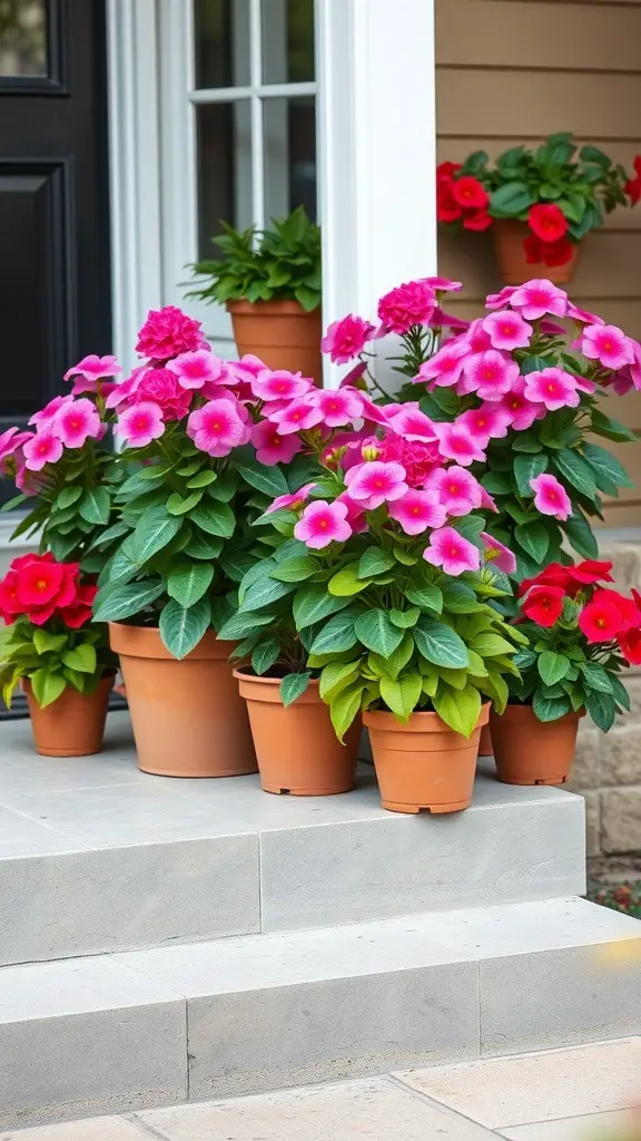 23+ Gorgeous Valentine's Day Porch Decor Ideas You’ll Love 16 Colorful potted plants on a porch, featuring pink and red flowers in terracotta pots.