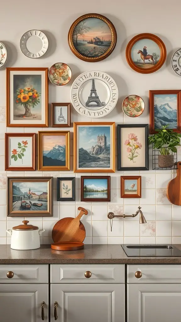 A kitchen wall decorated with a variety of framed art and vintage plates.