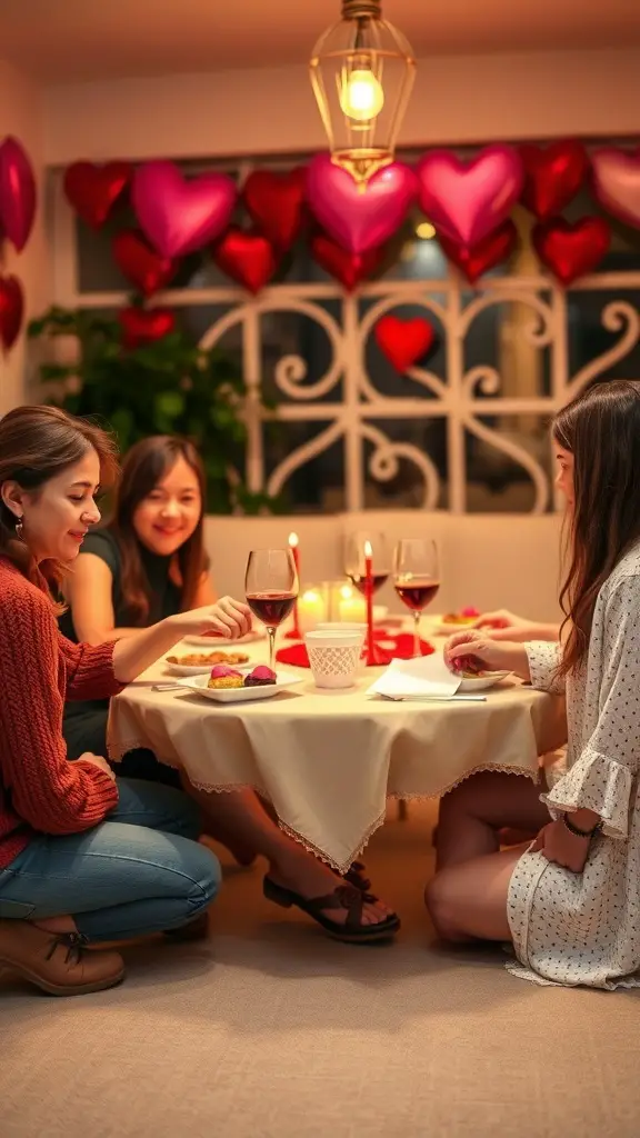 Three friends enjoying a Galentine's dinner party with wine and snacks, surrounded by heart decorations.