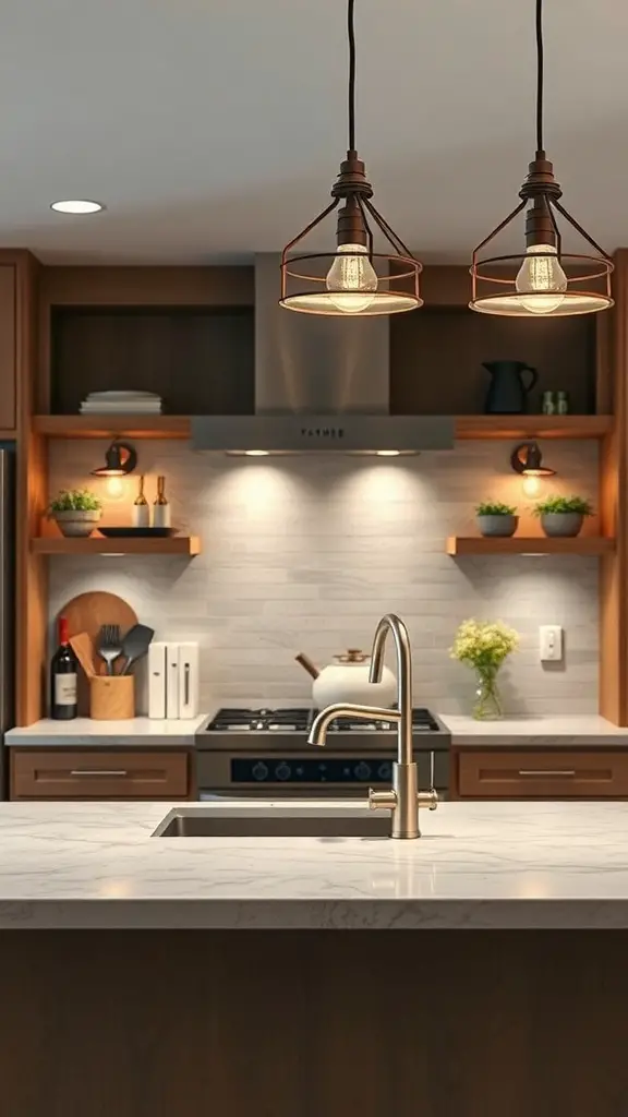 29+ Stunning Kitchen Countertop Decor Ideas 10 Kitchen with bold pendant lights over a countertop