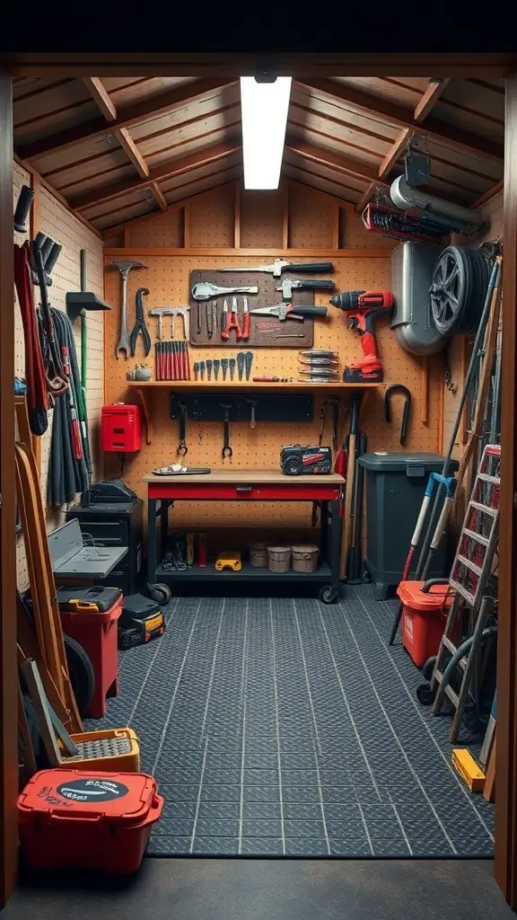 29+ Clever Tool Shed Organization Ideas You Need to Try 13 Organized tool shed with tools neatly arranged on walls and a clear floor space.
