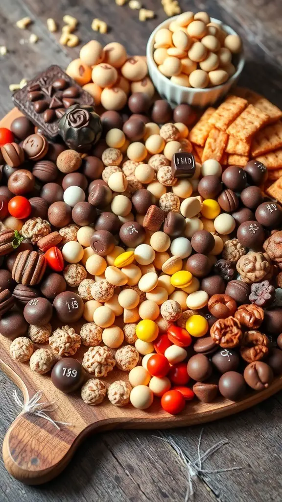 A beautifully arranged Valentine's Day candy charcuterie board filled with various chocolates and candies.