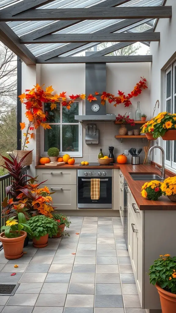 A cozy terrace kitchen decorated with autumn leaves, pumpkins, and colorful plants.
