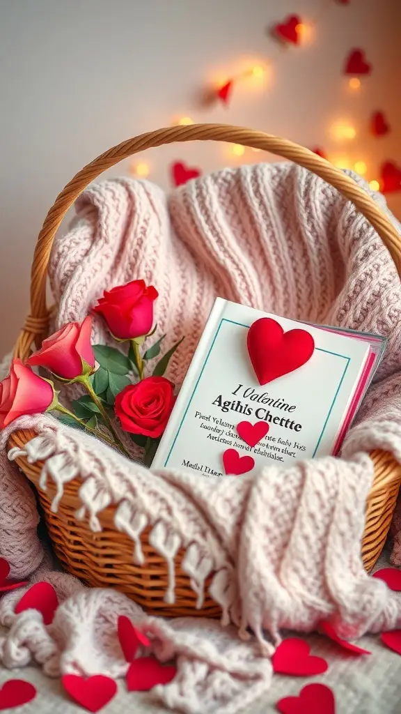 A cozy blanket and book set in a basket with roses and heart decorations.