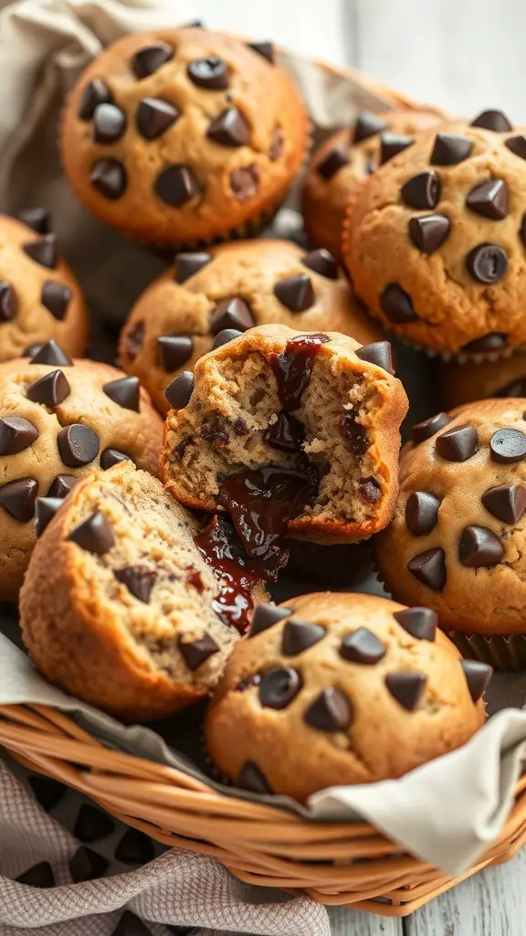 A basket of chocolate chip banana muffins, some whole and some broken open to reveal a gooey chocolate center.