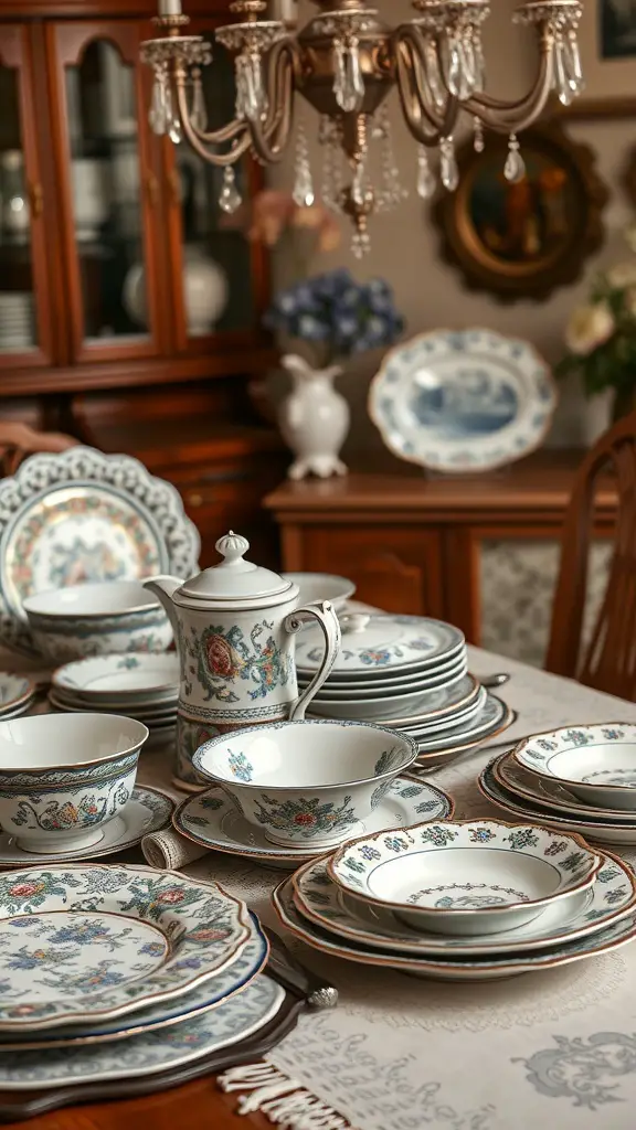 A collection of vintage-inspired dishware including plates, bowls, and a teapot, arranged on a dining table.