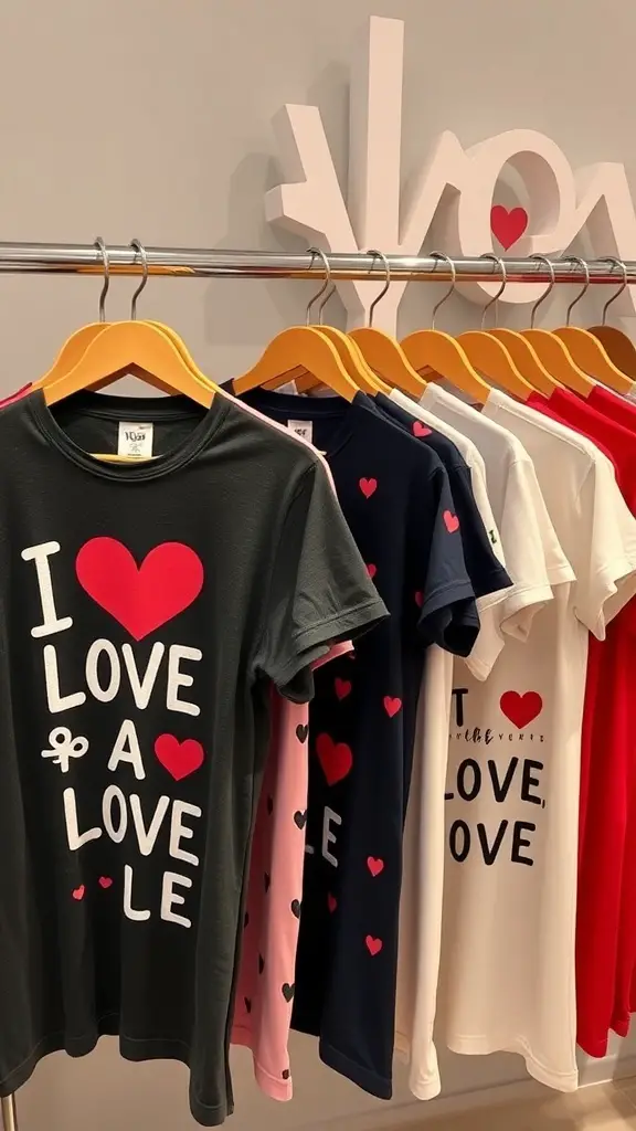 A display of customizable love t-shirts in various colors with heart designs.