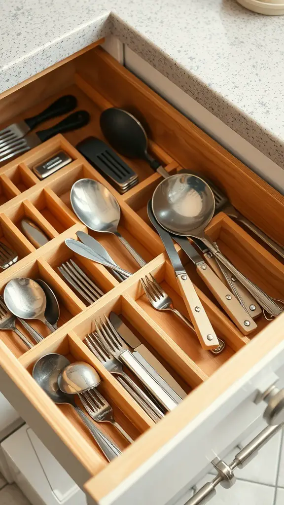29+ Clever Kitchen Storage Ideas to Maximize Space 6 Organized kitchen drawer with wooden dividers for utensils
