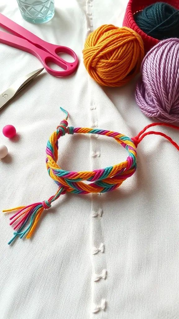 Colorful handmade friendship bracelet with yarn and crafting tools