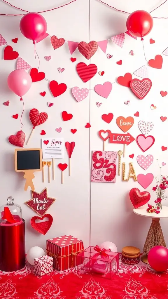 A colorful Galentine's party photo booth backdrop with hearts, balloons, and playful decorations.