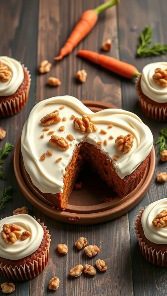 Heart-shaped carrot cake cupcakes with cream cheese frosting and walnuts