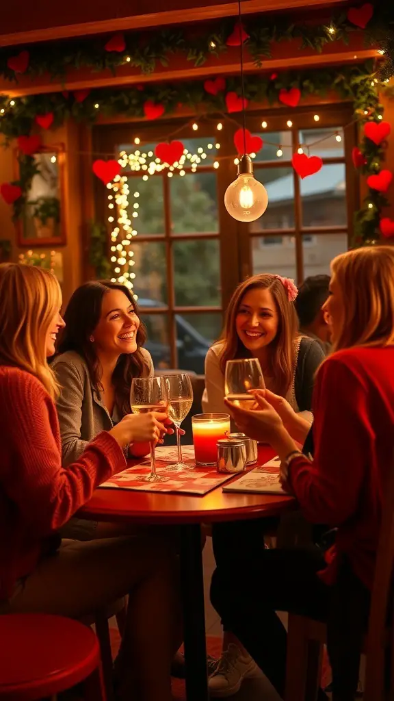 A group of friends sharing drinks and laughter around a table decorated with hearts and lights.