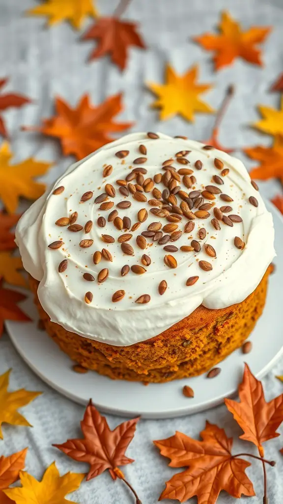 A spiced pumpkin plant cake topped with creamy frosting and seeds, surrounded by autumn leaves.