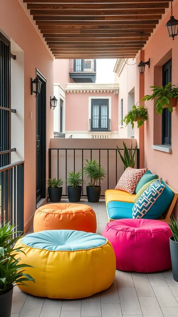 Colorful poufs on a small balcony with plants and a cozy seating area.