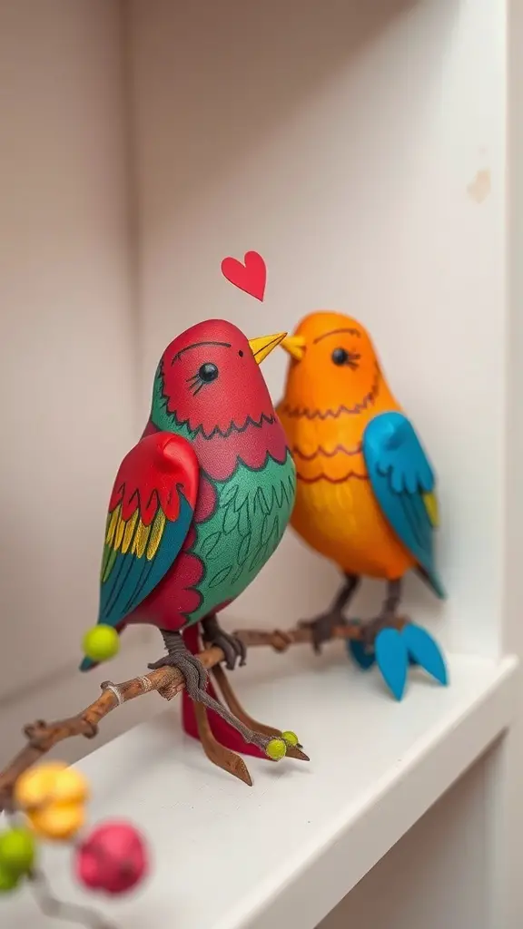 Colorful paper mache love birds on a branch