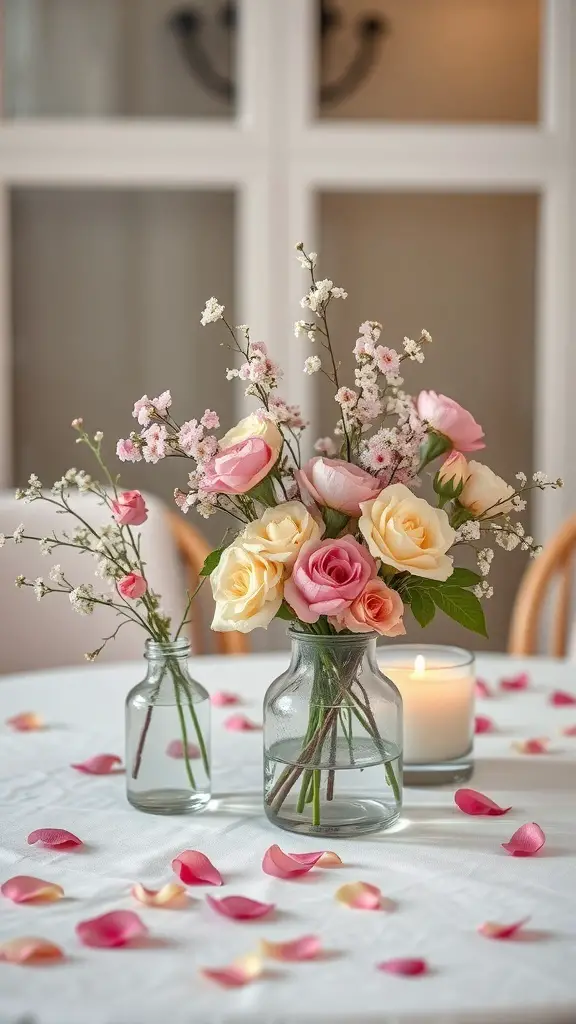 A romantic table setting with pink and cream roses in glass vases, surrounded by rose petals and a lit candle.