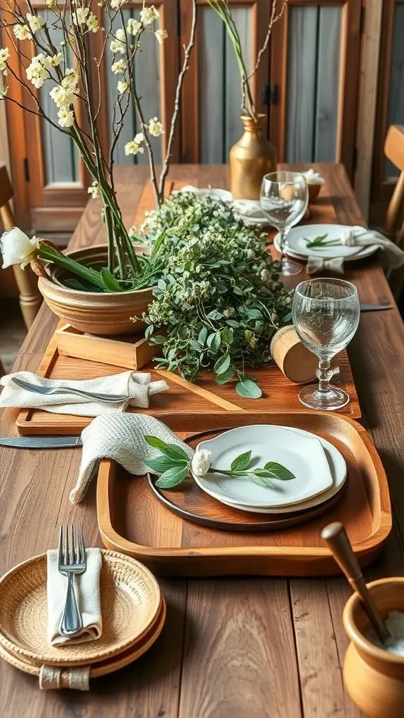 A rustic wooden tablescape featuring natural elements like flowers and greenery.