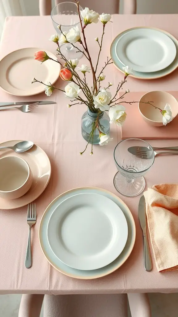 A beautifully set dining table with pastel tableware, featuring pink and white plates, bowls, and a floral centerpiece.
