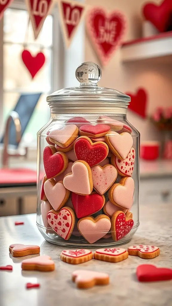 A glass jar filled with heart-shaped cookies in a kitchen decorated for Valentine's Day.