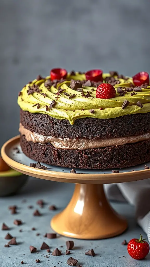 A chocolate avocado cake with green frosting, topped with strawberries and chocolate shavings.