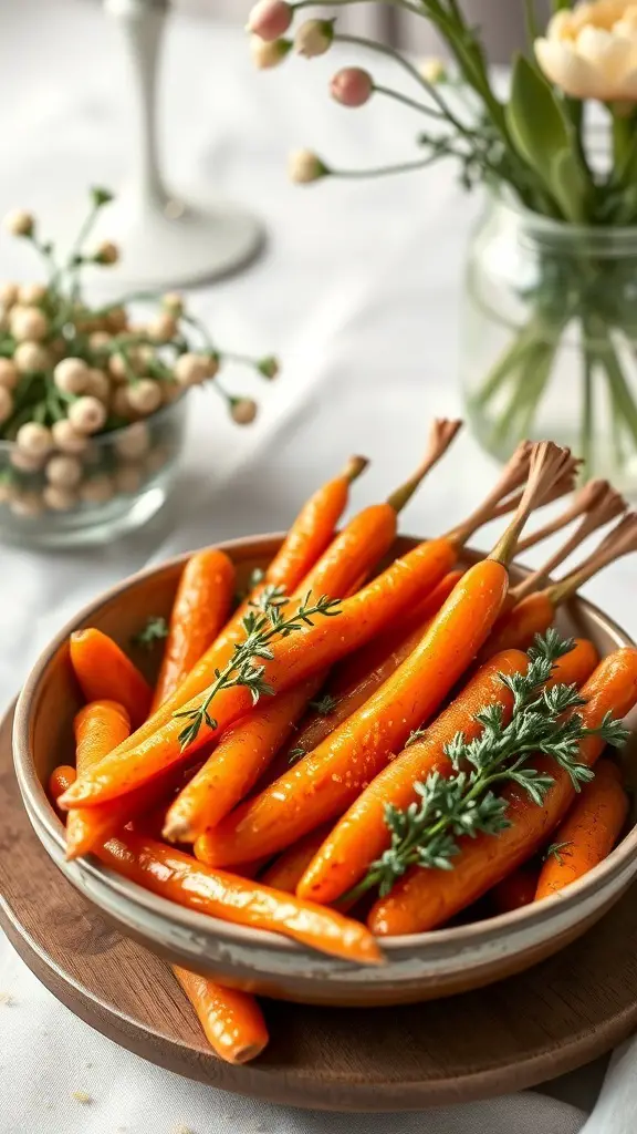47+ Must-Try Easter Brunch Ideas for a Festive Celebration 3 A bowl of honey glazed carrots garnished with thyme, surrounded by flowers and a festive table setting.