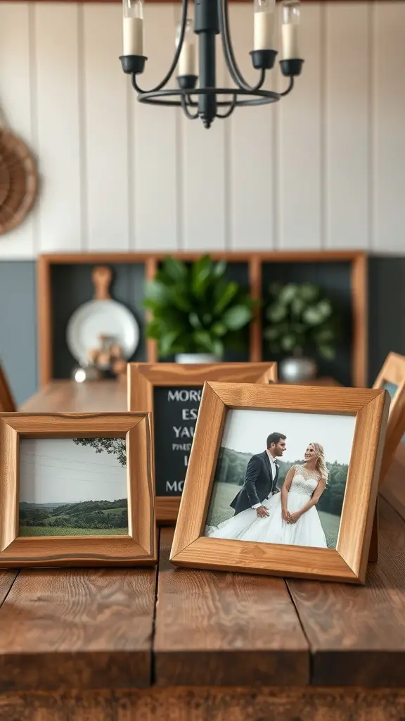 Rustic wooden picture frames displaying photos on a wooden table