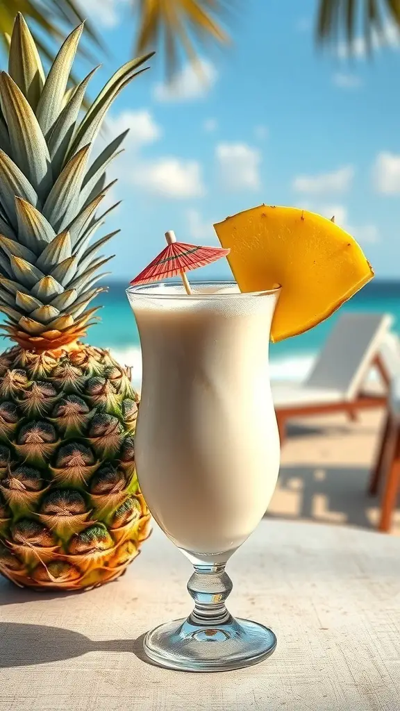A refreshing Pineapple Coconut Bliss drink with a pineapple slice and umbrella, set against a beach background.