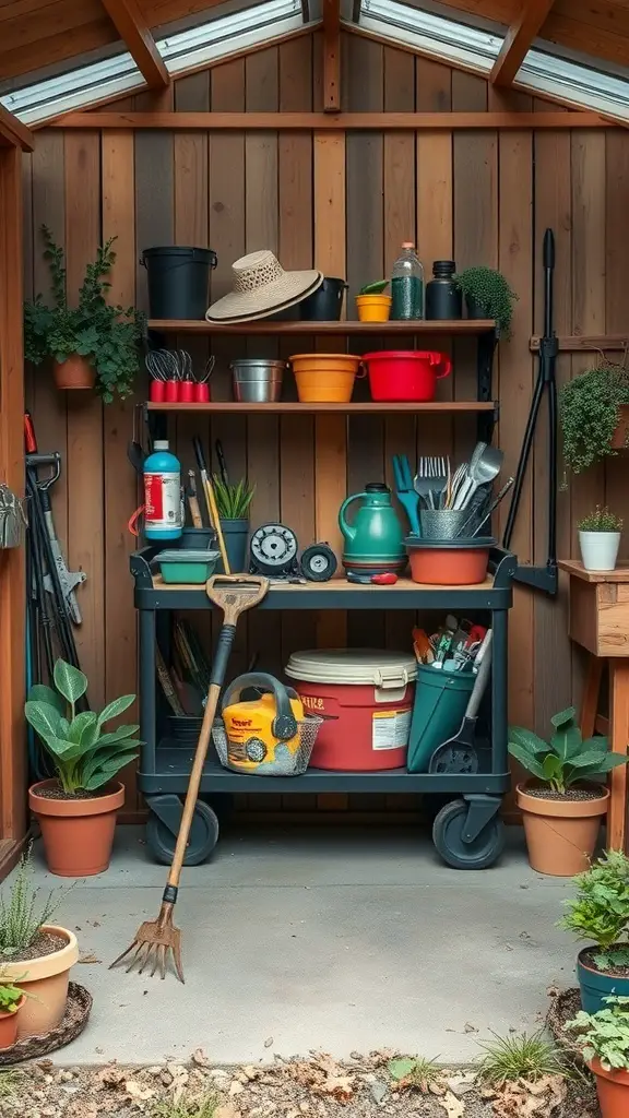 A rolling storage cart filled with gardening tools and supplies in a garden shed.