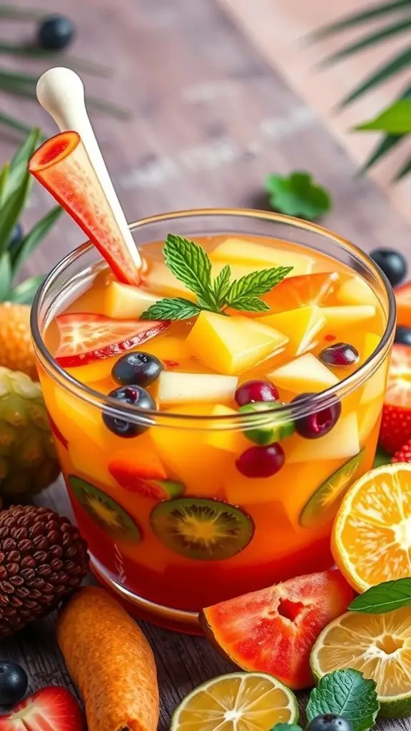 A vibrant tropical fruit punch with assorted fruits and mint leaves, perfect for a Galentine's celebration.