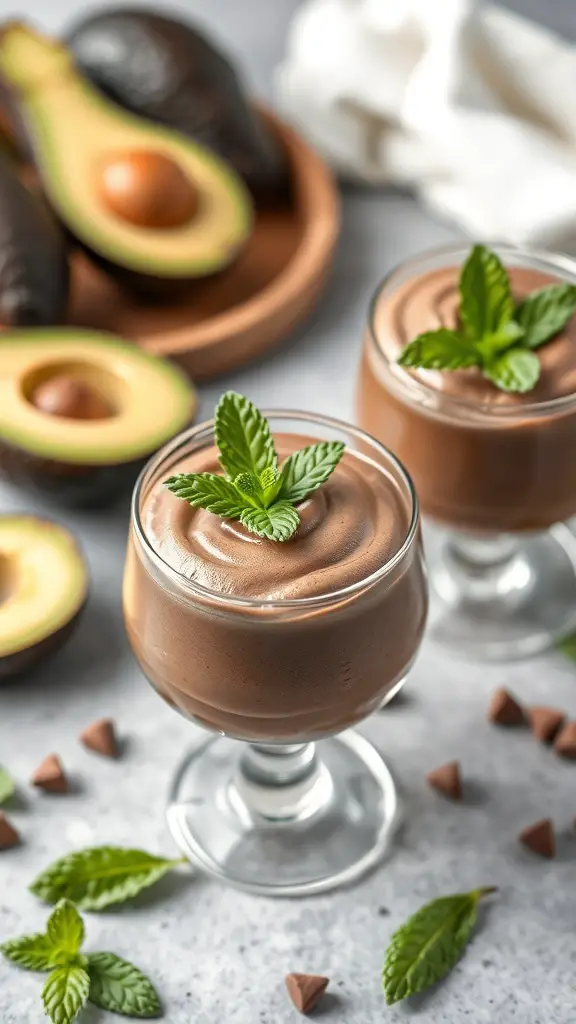 Vegan chocolate avocado mousse in glasses with mint leaves and avocados in the background