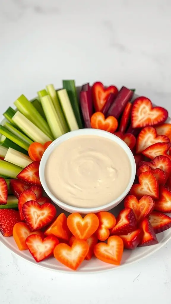 A colorful platter of heart-shaped vegetable crudités with a creamy dip in the center.