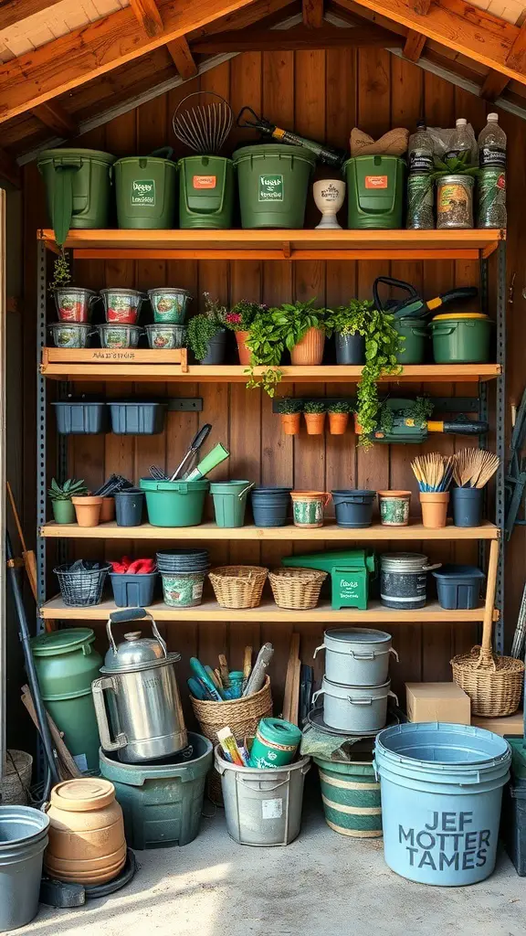 Organized multi-tiered shelving in a shed with various gardening supplies.