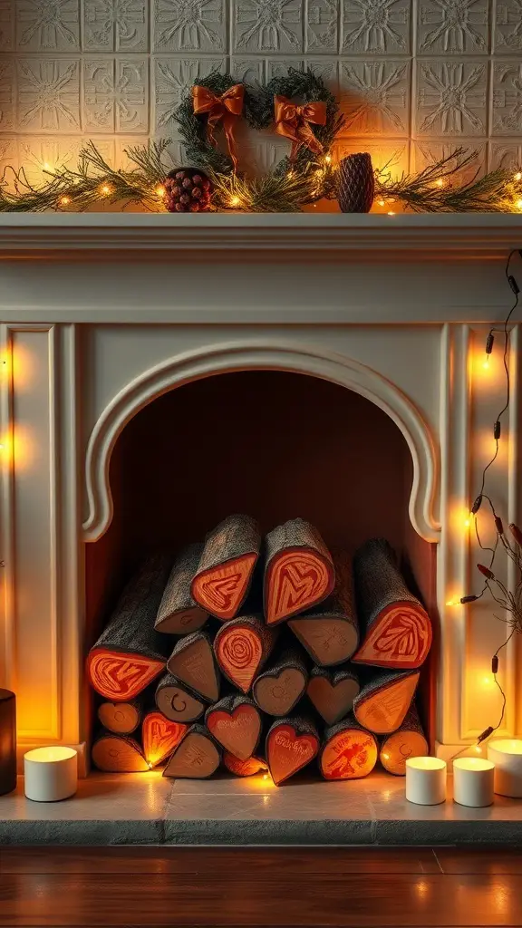 A cozy fireplace decorated with heart-shaped logs and warm lights.