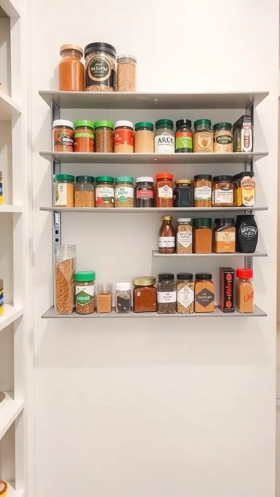 A wall-mounted magnetic strip displaying various spice jars in a pantry.