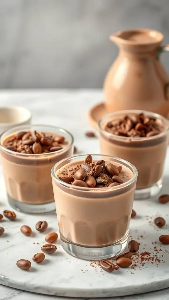 29+ Irresistible Valentine Dessert Ideas You Need to Try 10 Three mocha mousse cups topped with coffee beans on a marble surface.