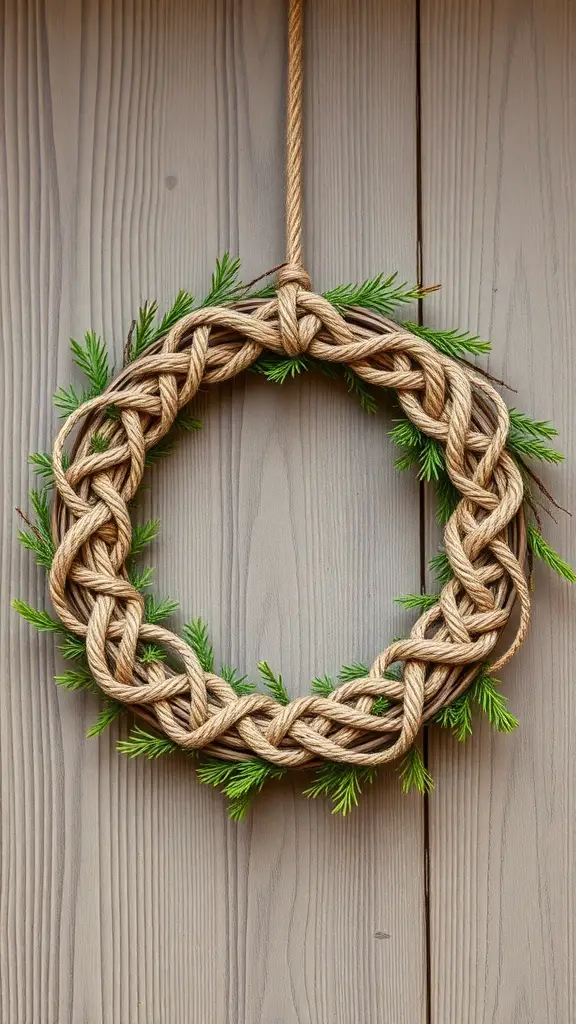 A Celtic Knot Wreath made of woven rope with green foliage.