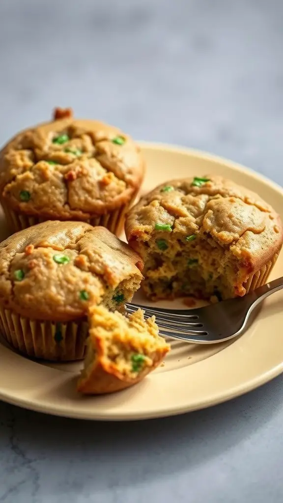 Zucchini muffins on a plate with one muffin cut open, showing a moist interior.